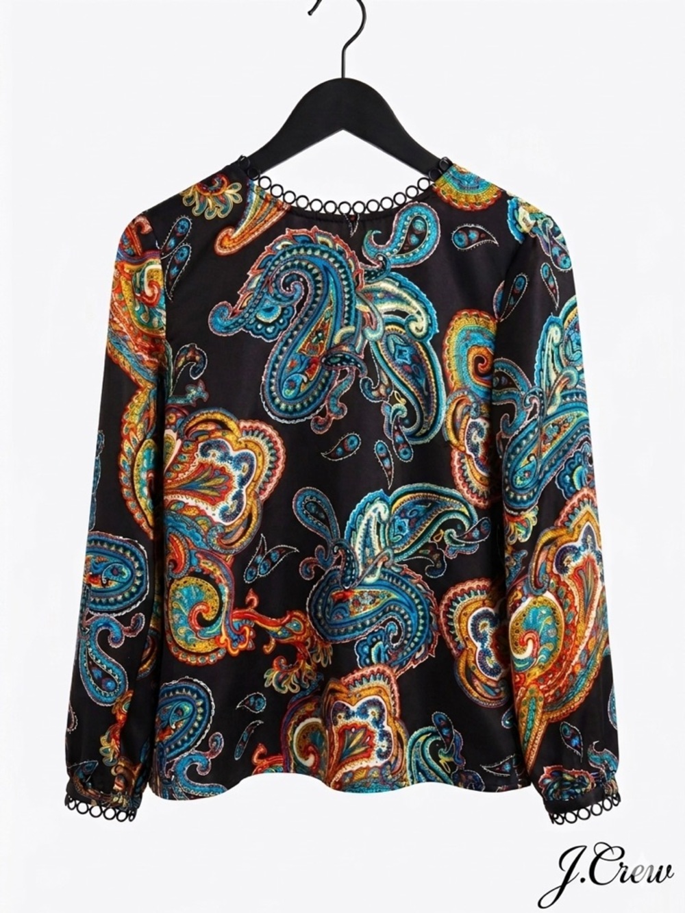 J.Crew 100% Silk Women’s Size 2 Twill Top In Bold Paisley Print Black